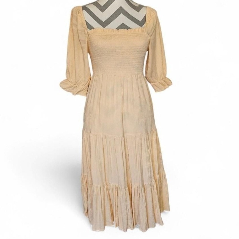 OAK + FORT Peach Smocked Tiered Dress XS Cottagecore Boho Romantic Whimsical
